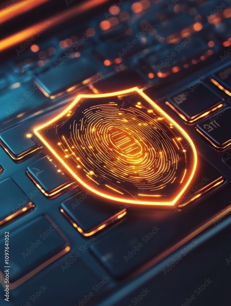Poster biometrical security concept with glowing digital fingerprint in shield on laptop keyboard backgroun