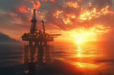 Obraz premium Breathtaking Sunset Over Oil Rig in the Ocean Reflects Warm Tones and Illuminates Surrounding Waters, Creating a Stunning Seascape Scene