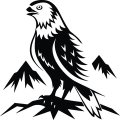 Obraz premium Black and White Eagle Vector Illustration: Majestic Bird of Prey Perched on Branch with Mountain Silhouette Background Graphic