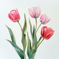 Fototapeta premium Pink and red tulips gently swaying on white background