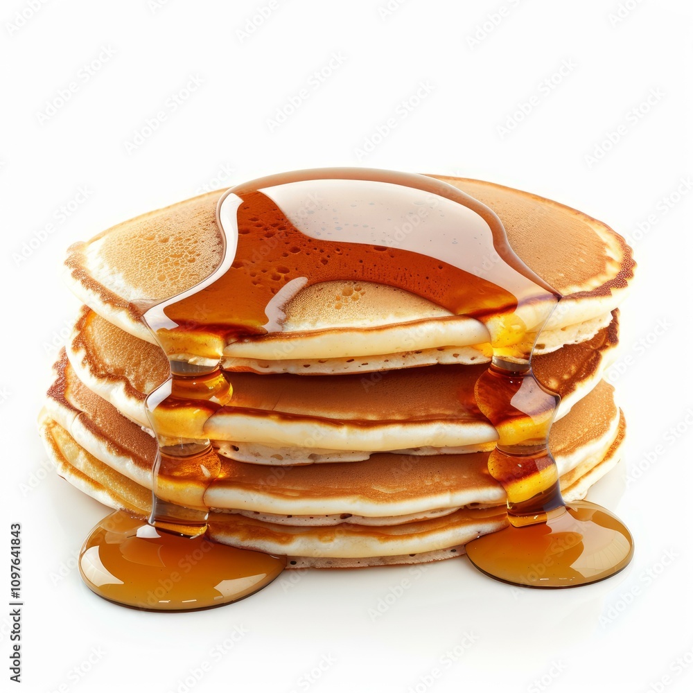 Poster stack of pancakes dripping with maple syrup on white background