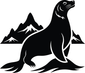Black and White Sea Lion Vector Illustration: Wildlife Art, Mountain Backdrop, Animal Graphic, Seal Clipart, Nature Design, Mammal Image