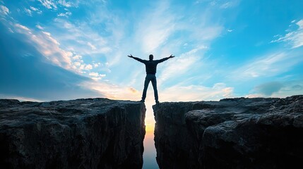 A man has reached the chasm, he opens his arms in a symbol of victory, striking images