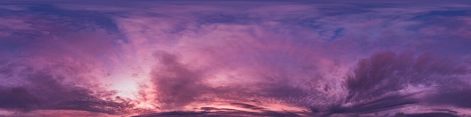 Sunset sky with bright glowing pink Cumulus clouds. Seamless spherical HDR 360 panorama. Full zenith or sky dome in 3D, sky replacement for aerial drone panoramas. Climate and weather change.