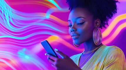 Stylish Woman Using Smartphone Against Vibrant Colorful Abstract Background