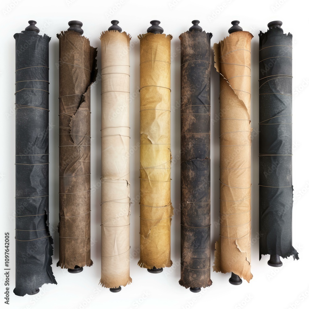 Poster seven old scrolls wrapped with string lying on white background
