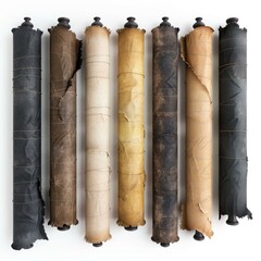 Seven old scrolls wrapped with string lying on white background