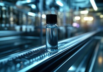 Clear glass bottle filled with liquid on a conveyor belt in a modern industrial setting showcasing advanced manufacturing processes and technology