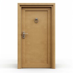 Obraz premium Closed wooden door with metal handle and knocker on white background