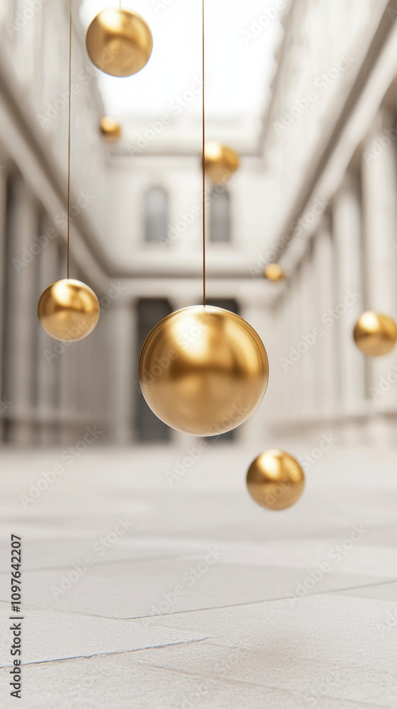 Poster quantum computing education concept. a serene architectural space features floating golden spheres, 