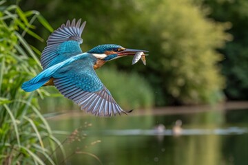 Common European Kingfisher Flying with fish catch
