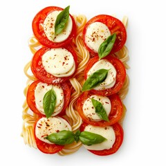 Italian tagliatelle pasta with tomato and mozzarella cheese decorated with basil leaves