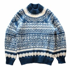 Blue and white knitted christmas sweater with traditional nordic pattern