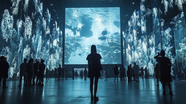 Immersive modern underwater art stuns in this exhibition. The digital installation uses technology and screens to simulate aquatic experiences. Audience explores an interactive environment,