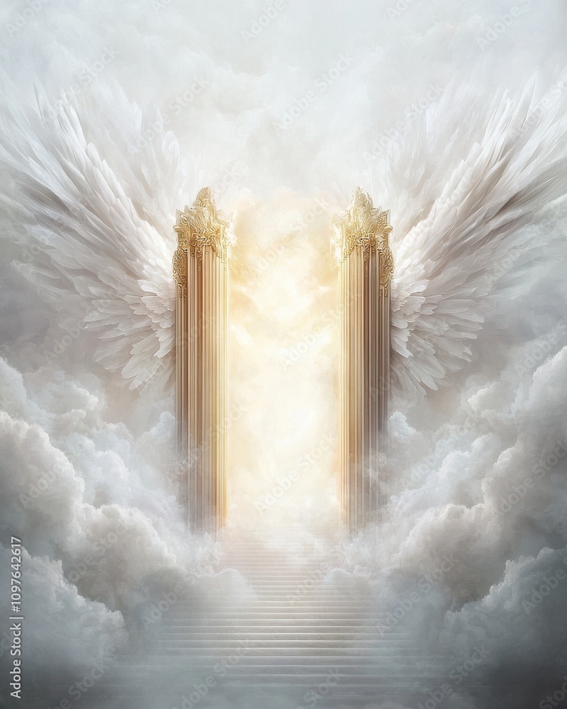 Poster a mystical scene depicting towering pillars with ethereal wings, surrounded by soft clouds and illum