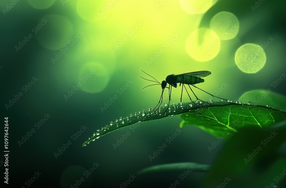 Aufkleber close-up of a mosquito resting on a dewy green leaf with soft bokeh background creating a tranquil n