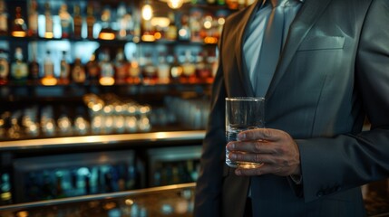 Man in suit holding glass of water, symbolizing sobriety and alcohol safety, amidst bar counter with empty alcohol bottles.