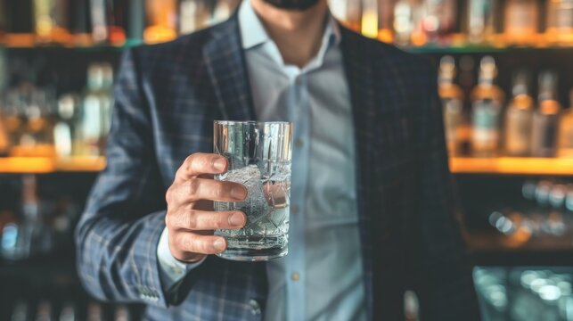 Man in suit holding glass of water, symbolizing sobriety and alcohol safety, amidst bar counter with empty alcohol bottles.