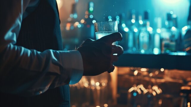 Man in suit holding glass of water, symbolizing sobriety and alcohol safety, amidst bar counter with empty alcohol bottles. - Powered by Adobe