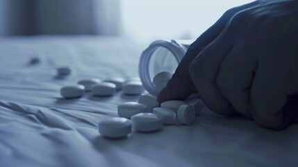 Fototapeta premium Close-up of hand holding pill bottle with scattered pills on white table, symbolizing drug poisoning and health awareness.