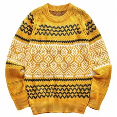 Warm yellow winter sweater with geometric pattern isolated on white background