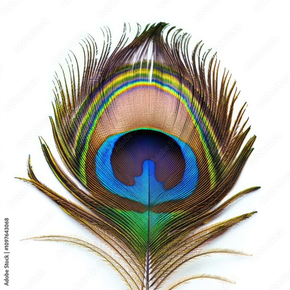 Poster vibrant peacock feather showing intricate colors and patterns on white background