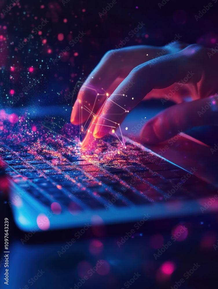 Poster close up of hand using laptop with glowing 5g internet hologram. connection and communication concep