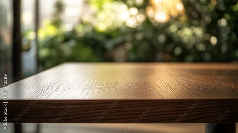 Poster close-up view of a wooden table reflecting natural light in a tranquil setting with greenery