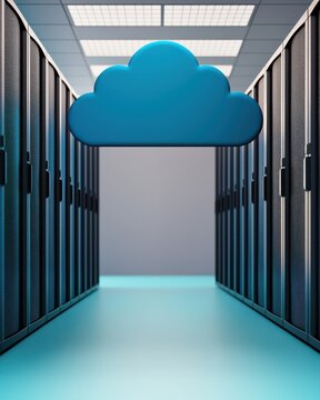 A modern data center hallway with server racks and a prominent 3D cloud symbol, representing cloud computing and data storage solutions.