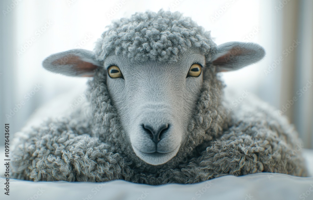 Poster close-up portrait of a soft and fluffy sheep with inviting eyes resting comfortably on a cozy surfac