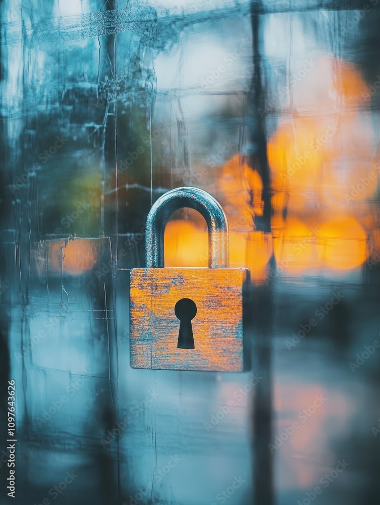 Poster close up of pad with creative padlock interface on blurry background. password and security concept.