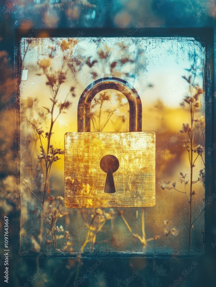 Poster close up of pad with creative padlock interface on blurry background. password and security concept.