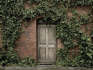 Stained brick facade with overgrown vegetation, vintage look, , old house, distressed finishes, natural scenery