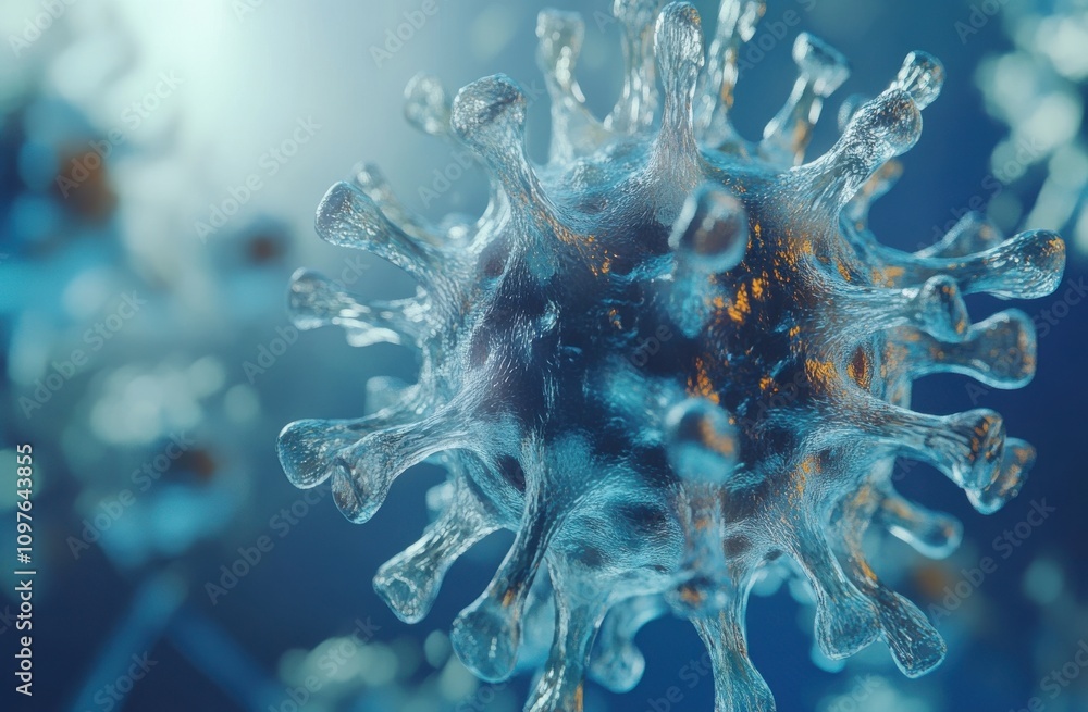 Poster close-up view of a stylized virus structure under microscopic examination, highlighting unique featu