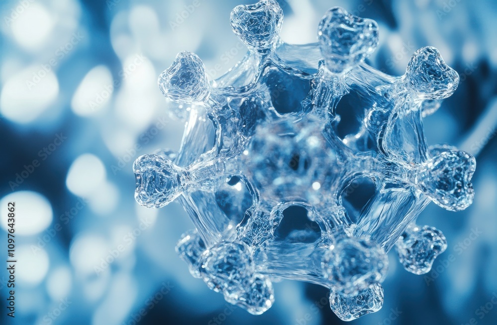 Poster close-up view of a transparent water bubble with intricate structures and reflections on a soft blue