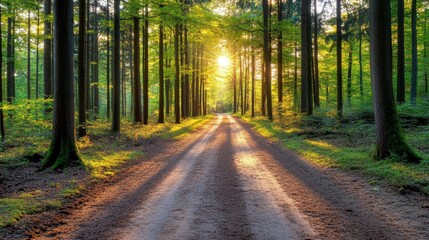 Fototapeta premium Discovering a serene dirt road through picturesque forest with majestic trees tranquil