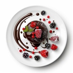 Delicious chocolate cake garnished with fresh berries and mint on white plate