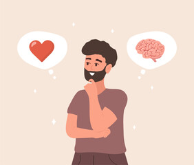 Brain and Heart Balance. Mental Health concept. Cartoon Male Character Making Life Decision. Vector illustration in flat style.