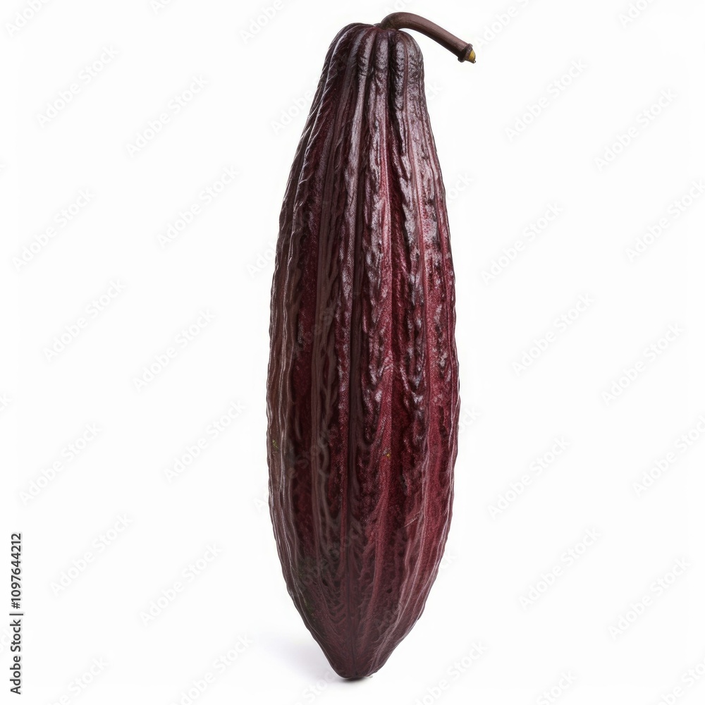 Poster fresh cocoa pod hanging on white background showing its texture