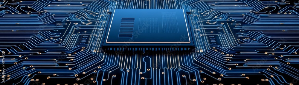 Poster intricate connections, closeup examination of computer chip on circuit board for technology and engi