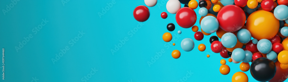 Poster quantum computing education concept. vibrant spheres in various colors pop against a bright turquois