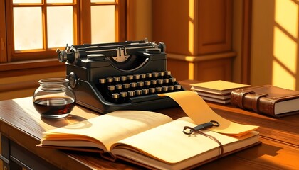 Obraz premium A_cartoonish_clipart_style_of_A_vintage_typewriter_sits_on_a_wooden_desk,_its_black_and_silver_keys_reflecting_the_warm_afternoon_sunlight Generative AI