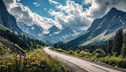A scenic view of a winding road cutting through a lush green valley surrounded by towering snow-capped mountains. Puffy clouds and bright sky add to the breathtaking beauty of the natural landscape