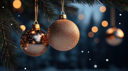 Sparkling Christmas ornaments hanging on pine tree branch, creating festive atmosphere