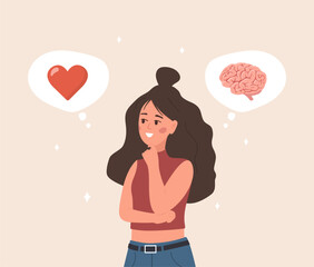 Brain and Heart Balance. Wellness concept. Young woman choosing between Feelings and Mind. Flat design. Vector illustration in cartoon style.