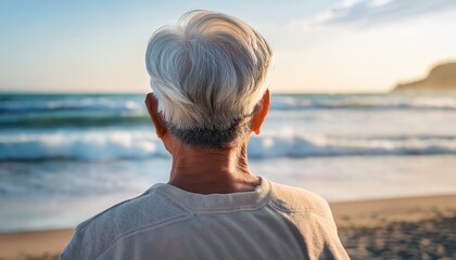 Fototapeta premium 海を眺める白髪の男性