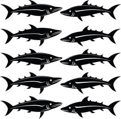 Black and White Shark Pattern Vector Illustration: Graphic Design of Marine Predators for Backgrounds, Wallpapers, and Textile Prints