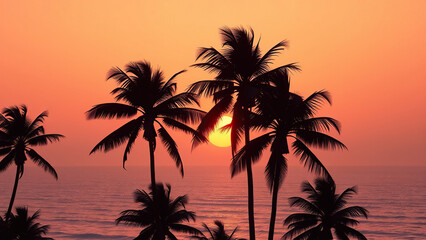 Obraz premium Sunset over the ocean with palm trees in the foreground, water, ocean, sky, tropical