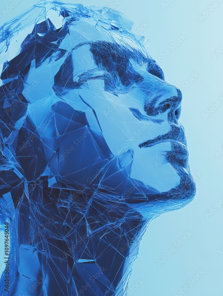Poster creative blue background with head outline, polygonal connections and mock up place. ai, artificial 