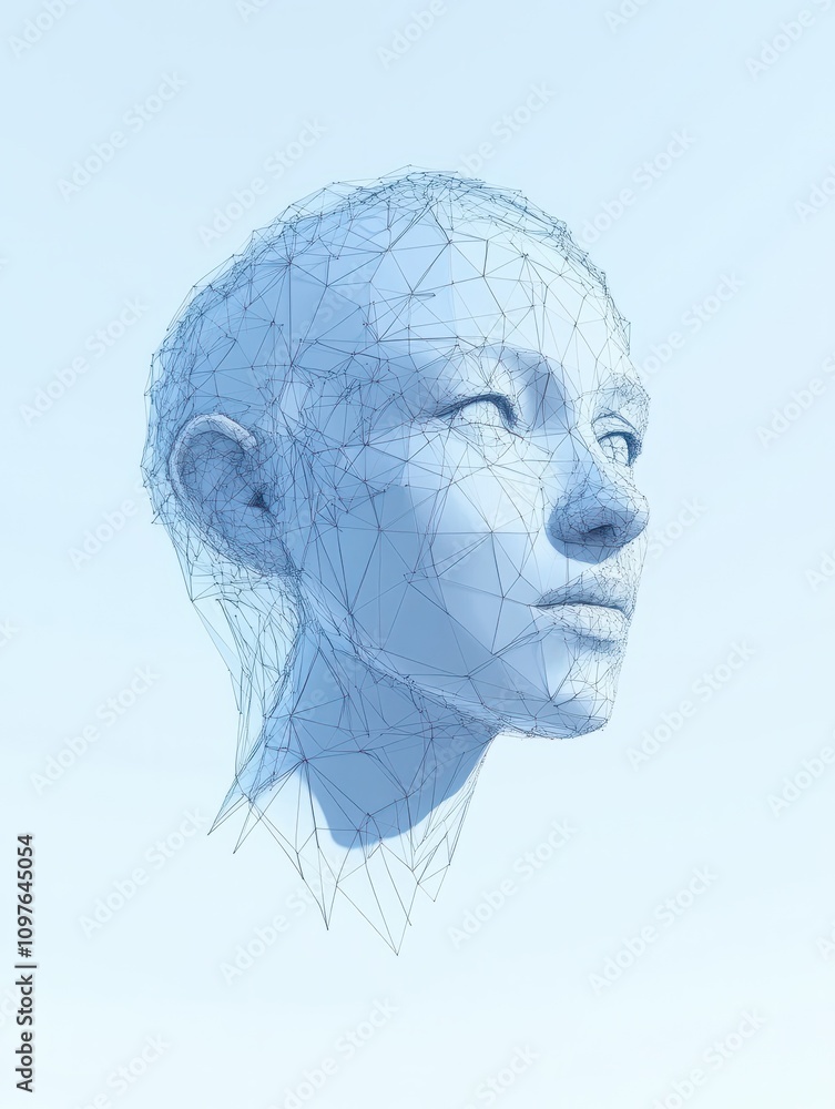Aufkleber creative blue background with head outline, polygonal connections and mock up place. ai, artificial 